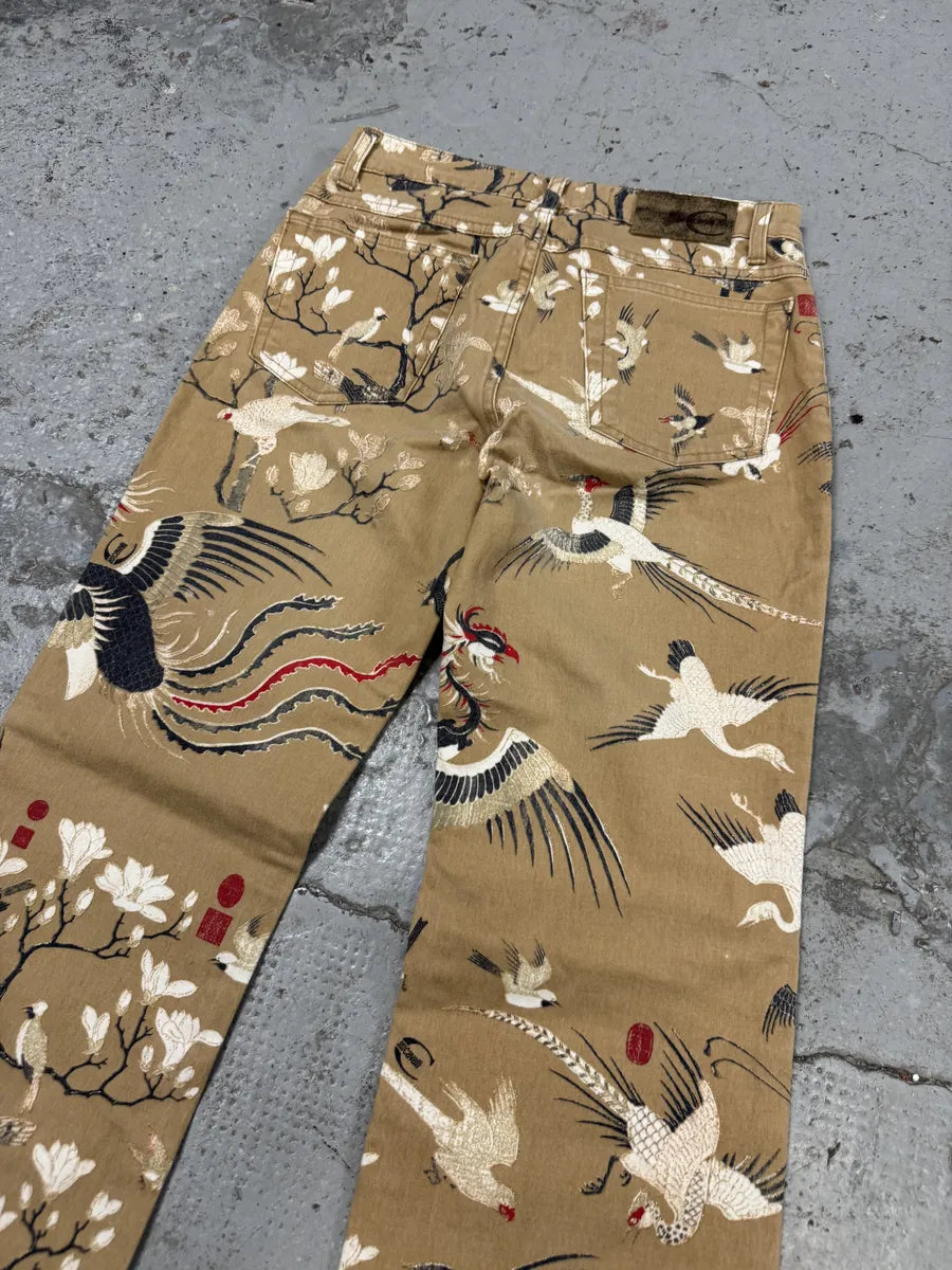 AW2003 Cavalli Asian Bird Flowers Beige Pants jkBrmzD 6