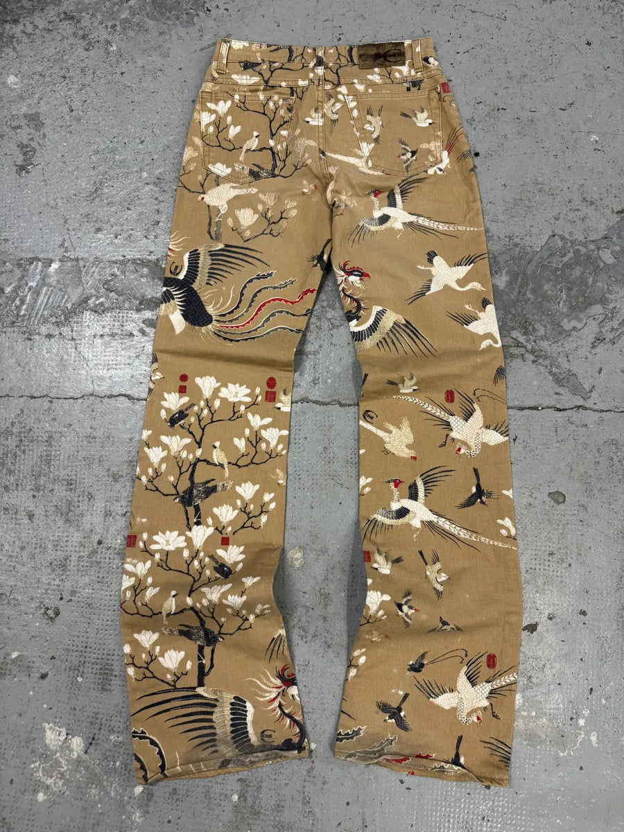 AW2003 Cavalli Asian Bird Flowers Beige Pants jkBrmzD 7