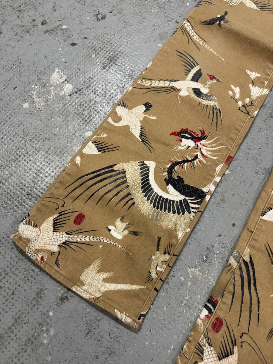 AW2003 Cavalli Asian Bird Flowers Beige Pants jkBrmzD 8