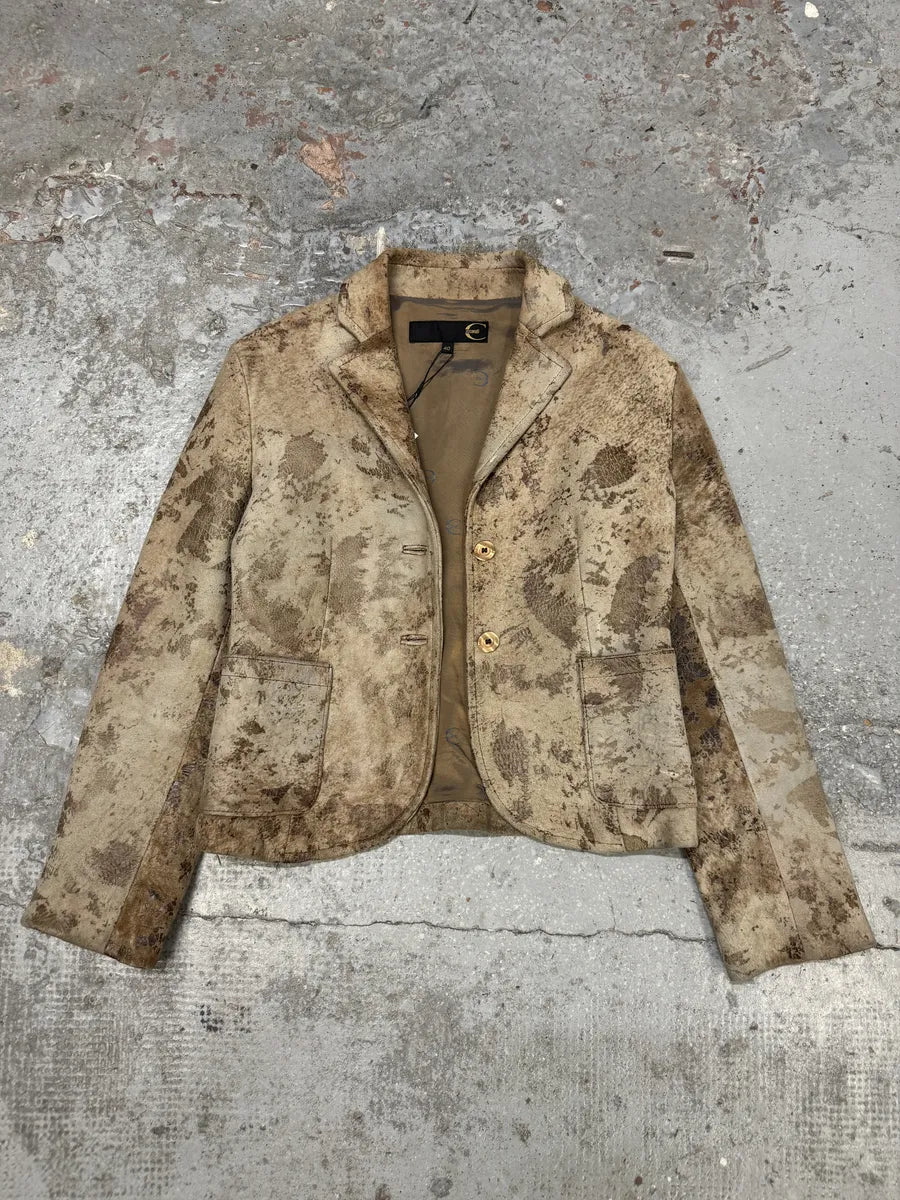 AW2003 Cavalli Beige Textured Eroded Leather Blazer Jacket GKsaGaK 4