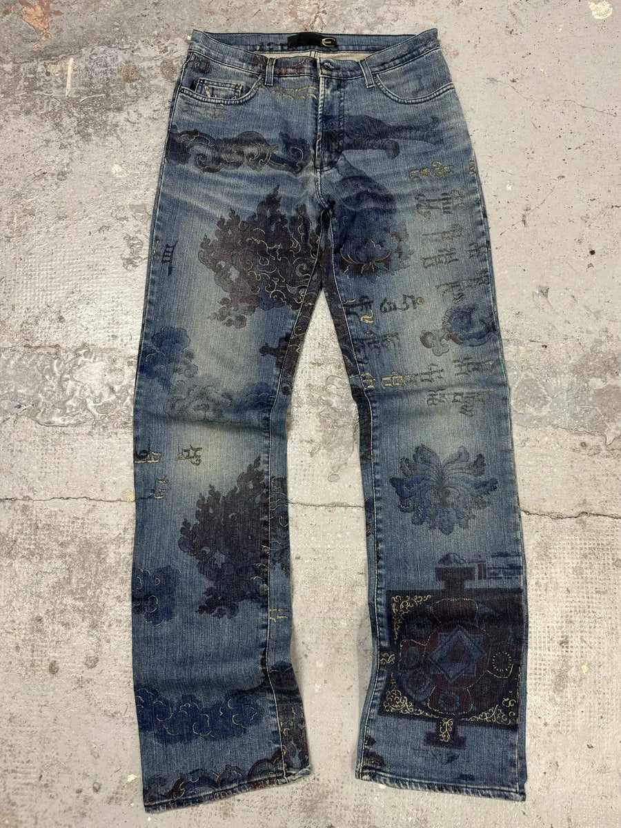 AW2003 Cavalli Blue Asian Gold Print Denim Jeans wFTFUNk 0