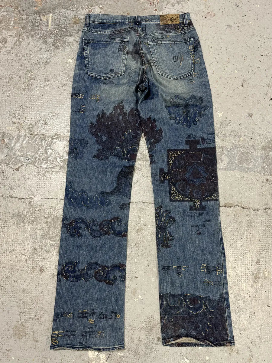 AW2003 Cavalli Blue Asian Gold Print Denim Jeans wFTFUNk 1
