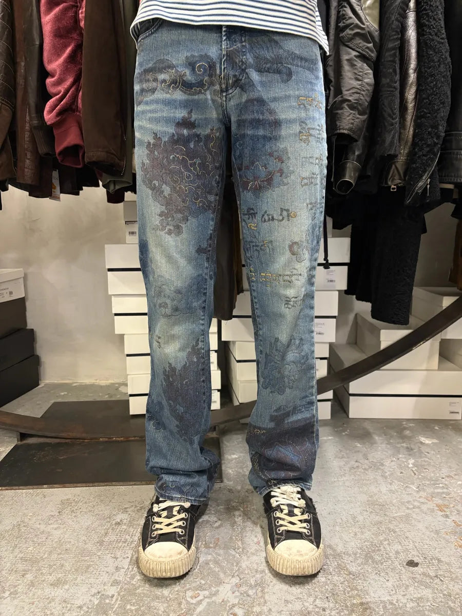 AW2003 Cavalli Blue Asian Gold Print Denim Jeans wFTFUNk 2