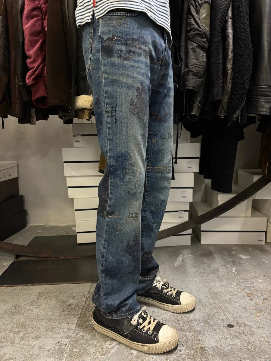 AW2003 Cavalli Blue Asian Gold Print Denim Jeans wFTFUNk 3