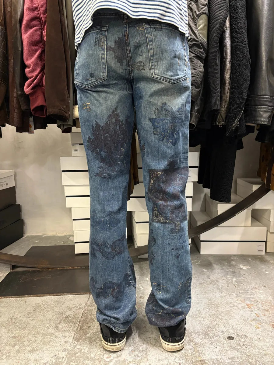 AW2003 Cavalli Blue Asian Gold Print Denim Jeans wFTFUNk 4