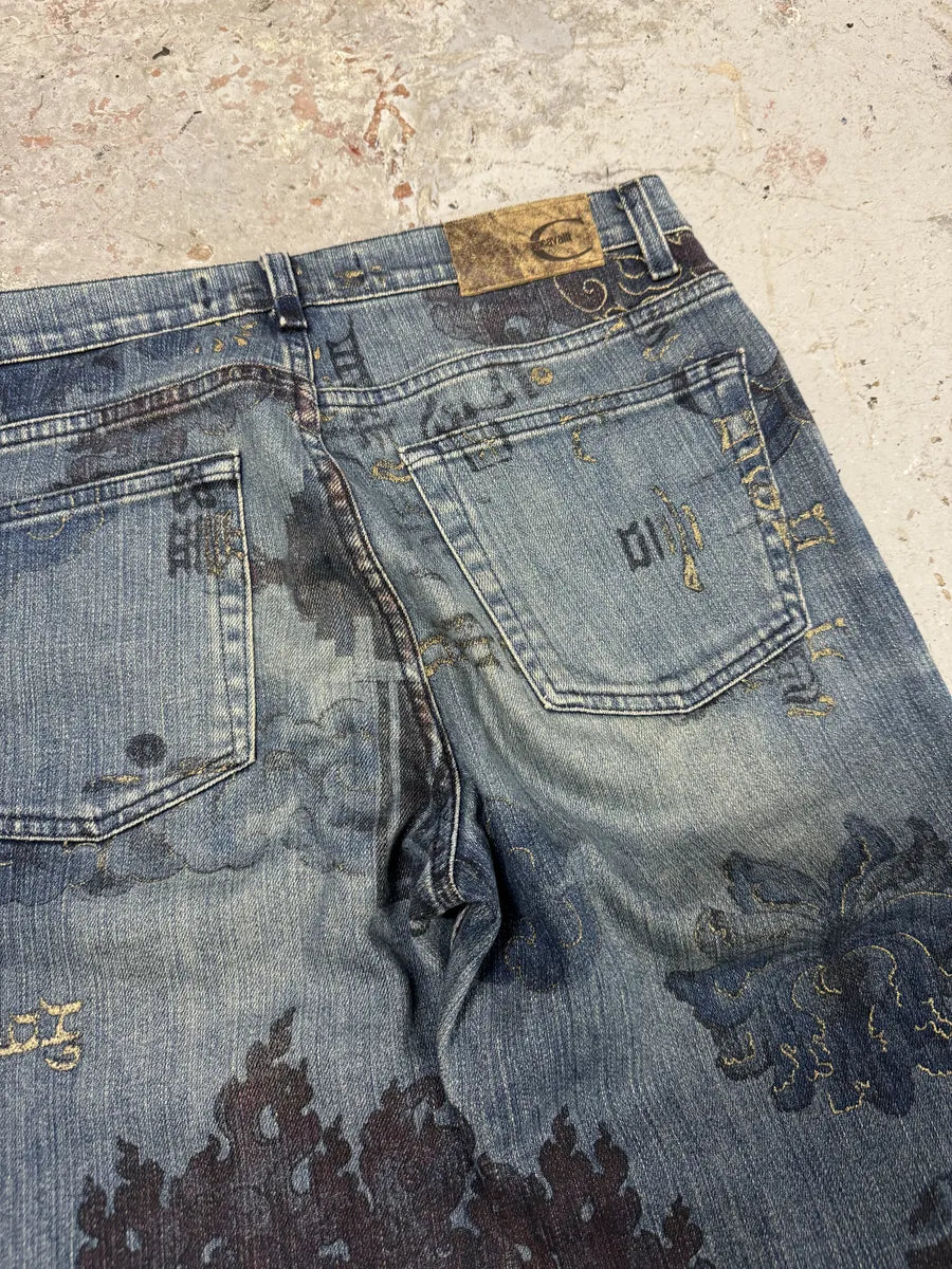 AW2003 Cavalli Blue Asian Gold Print Denim Jeans wFTFUNk 5