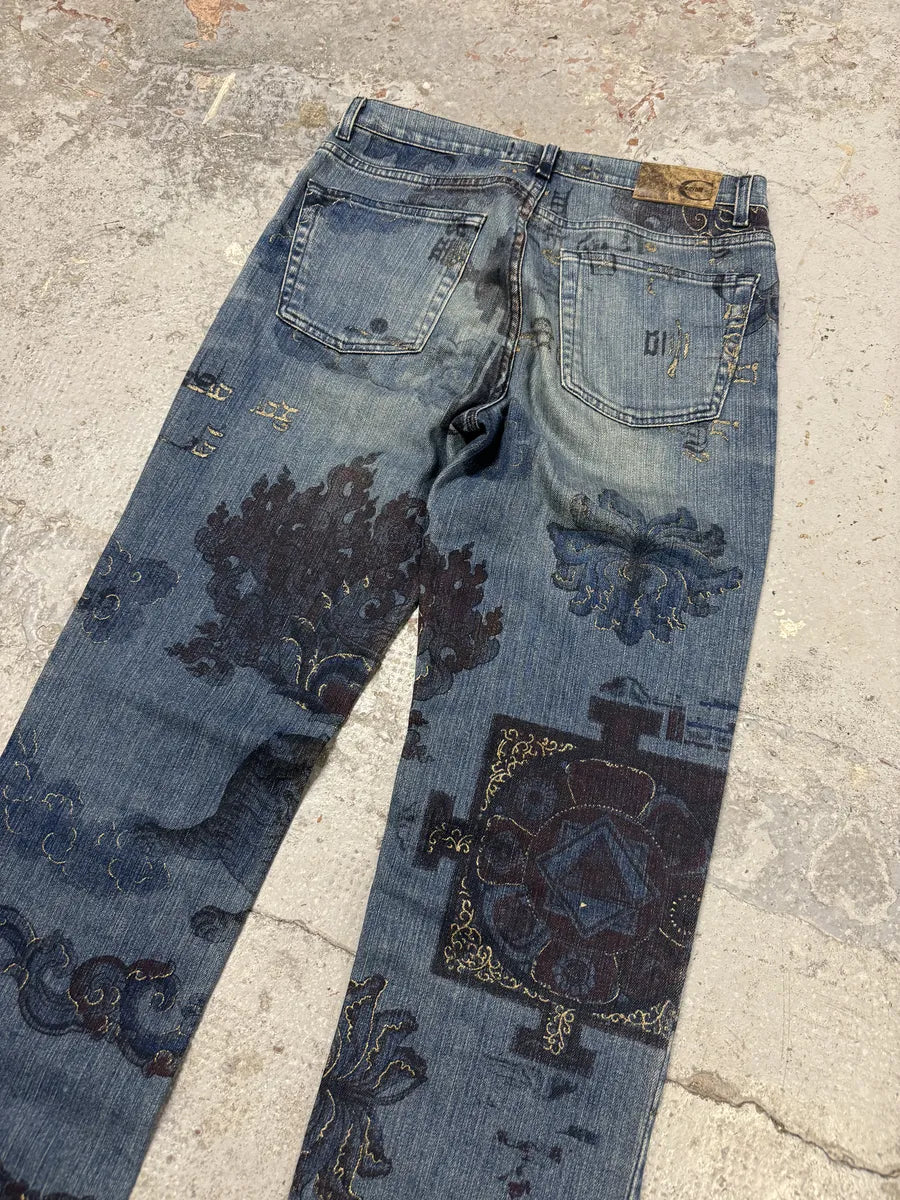 AW2003 Cavalli Blue Asian Gold Print Denim Jeans wFTFUNk 6