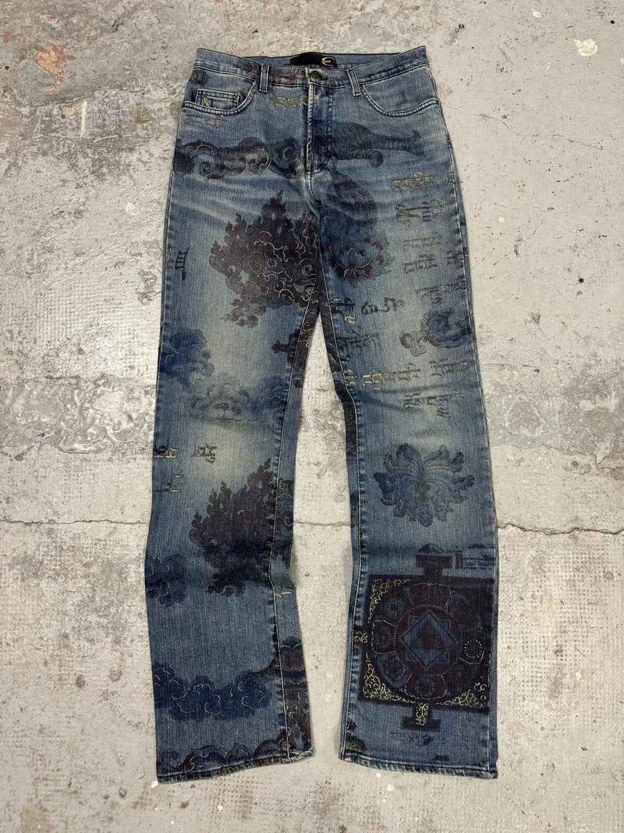 AW2003 Cavalli Blue Asian Gold Print Denim Jeans wFTFUNk 7