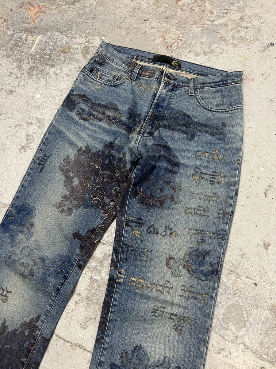 AW2003 Cavalli Blue Asian Gold Print Denim Jeans wFTFUNk 9