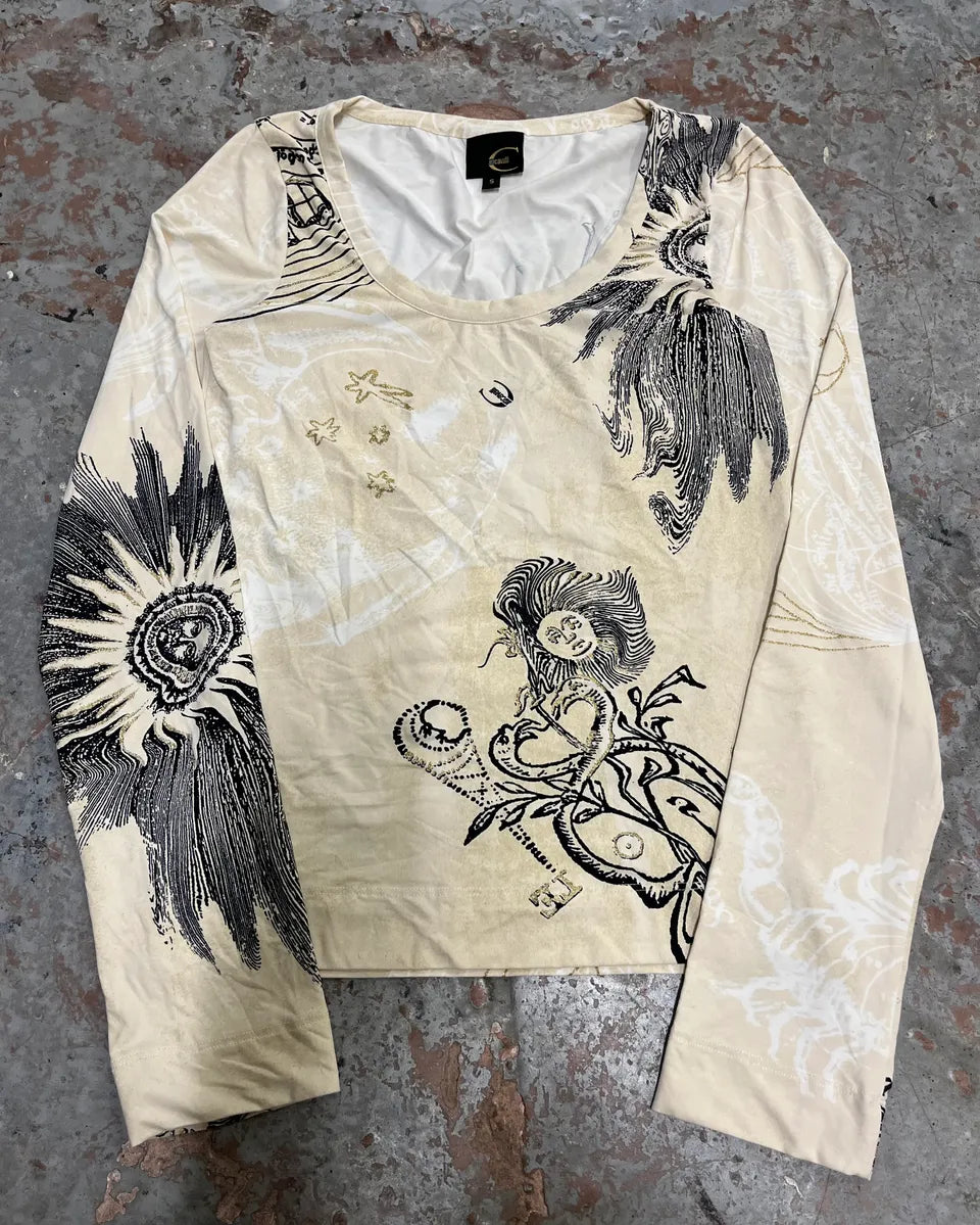 AW2003 Cavalli Ink Print Creamy Beige Longsleeve T-Shirt  uEpOwTu 0