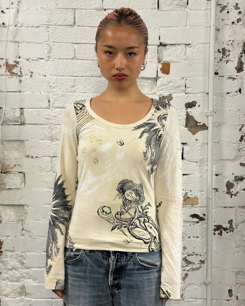 AW2003 Cavalli Ink Print Creamy Beige Longsleeve T-Shirt  uEpOwTu 1