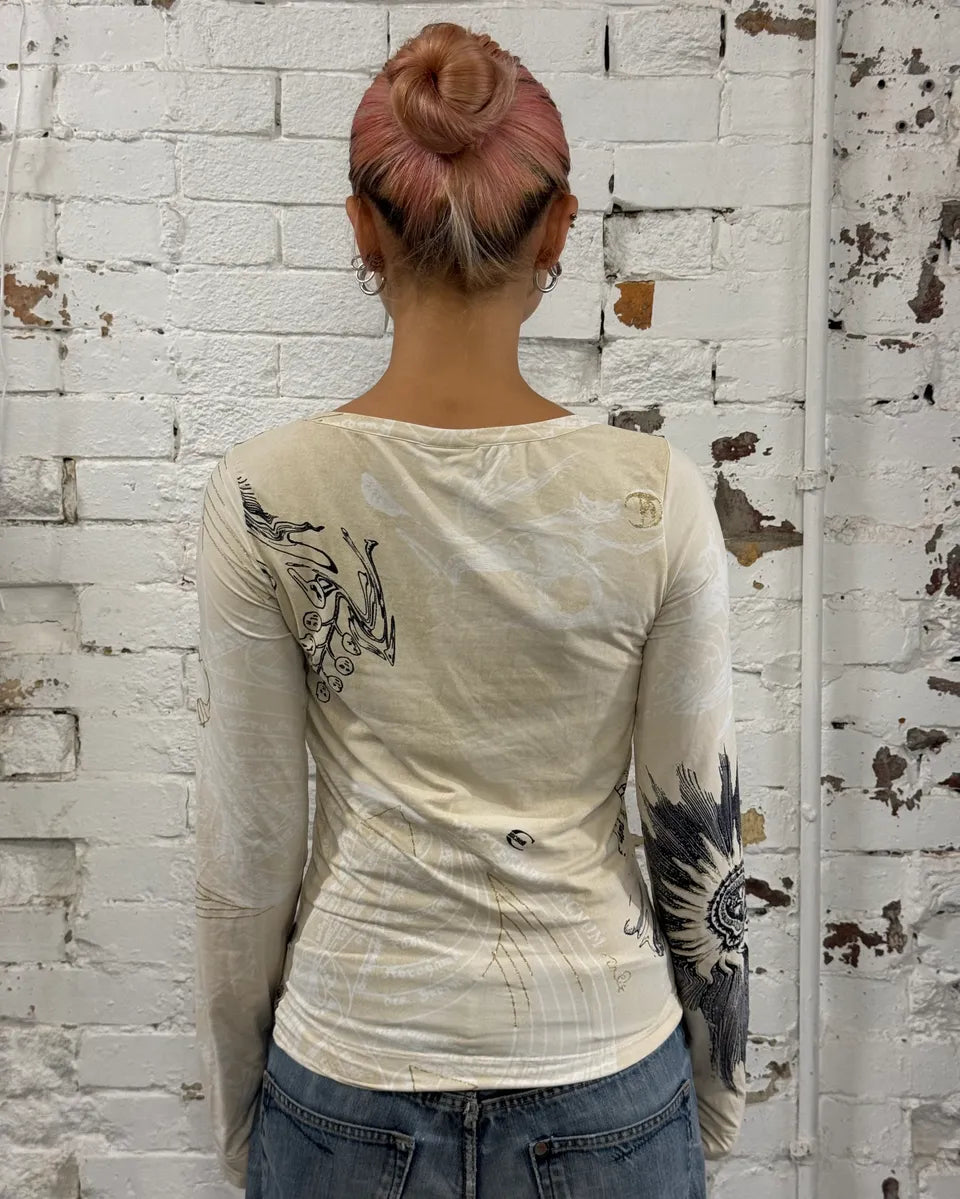 AW2003 Cavalli Ink Print Creamy Beige Longsleeve T-Shirt  uEpOwTu 2