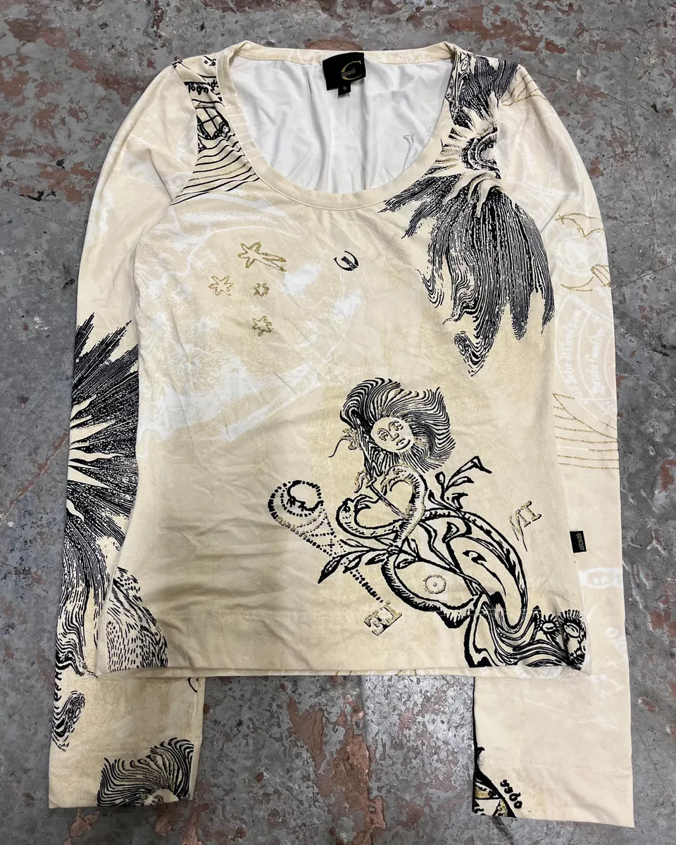 AW2003 Cavalli Ink Print Creamy Beige Longsleeve T-Shirt  uEpOwTu 3