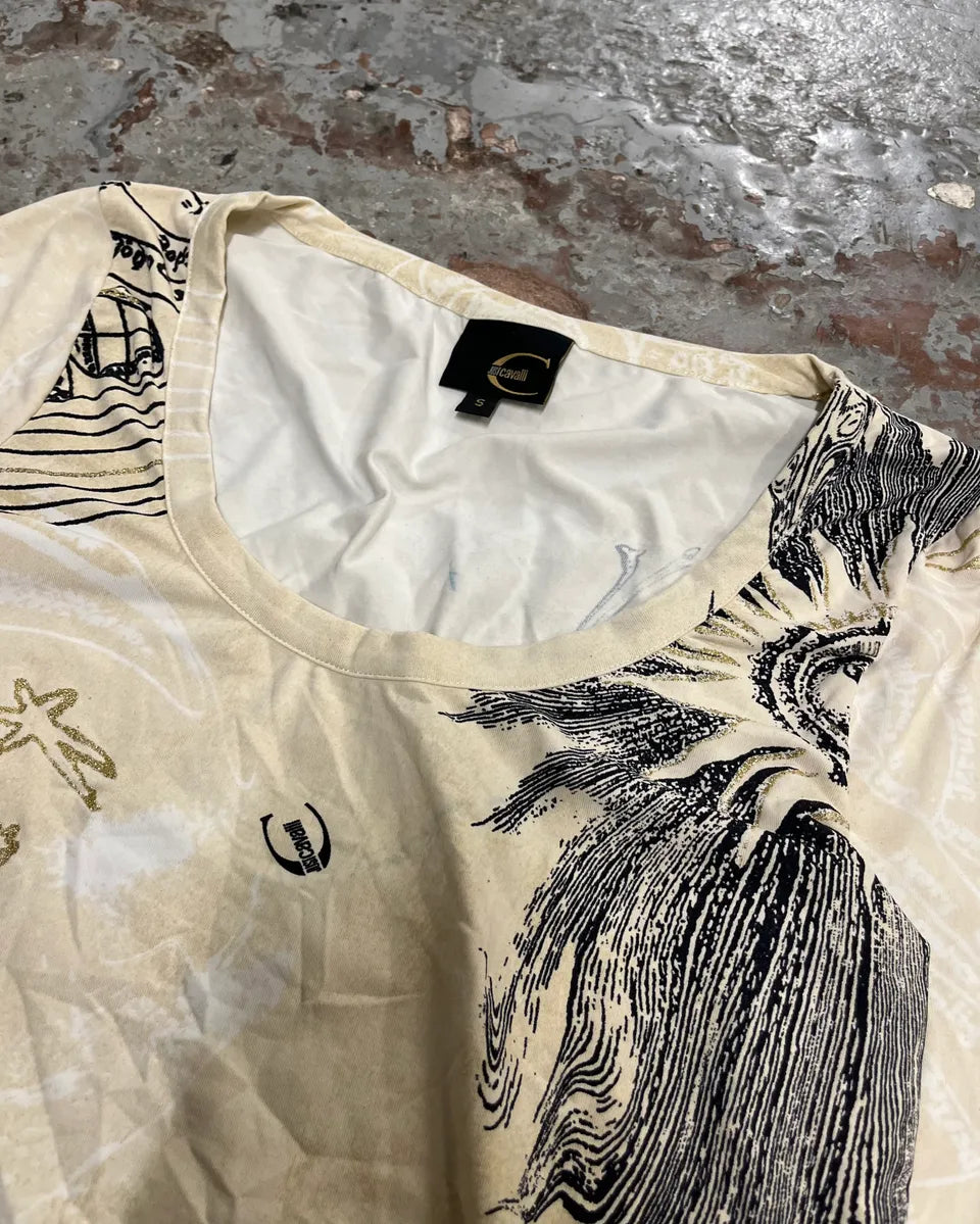 AW2003 Cavalli Ink Print Creamy Beige Longsleeve T-Shirt  uEpOwTu 4