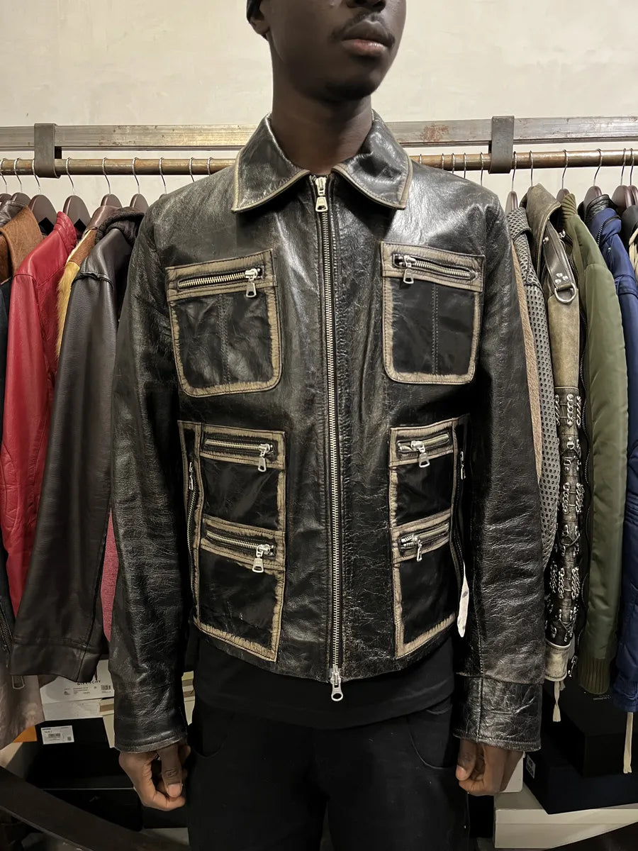 AW2003 Daniele Alessandrini Multi Pockets Black Leather Jacket mGmrPgp 0