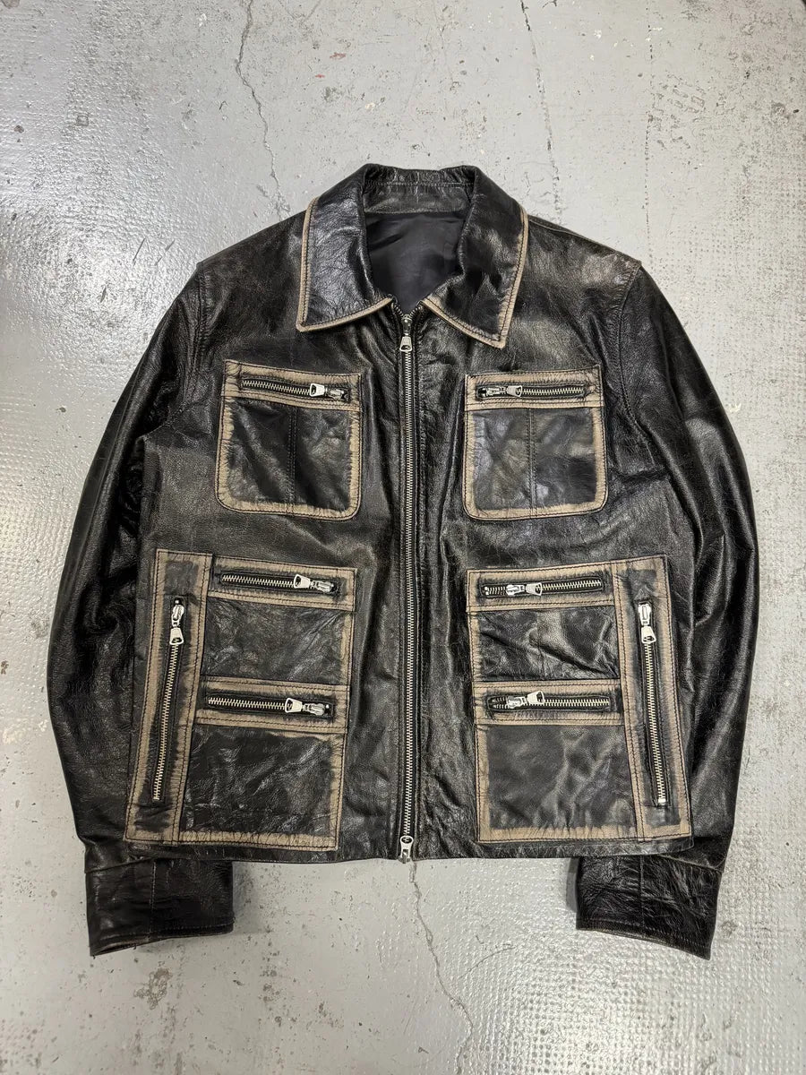 AW2003 Daniele Alessandrini Multi Pockets Black Leather Jacket mGmrPgp 5