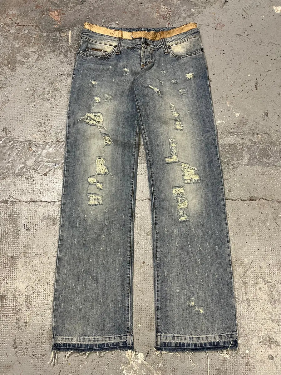AW2003 Dolce & Gabbana Blue Distressed Double Waisted Denim Jeans (M/L) jTRblge 0