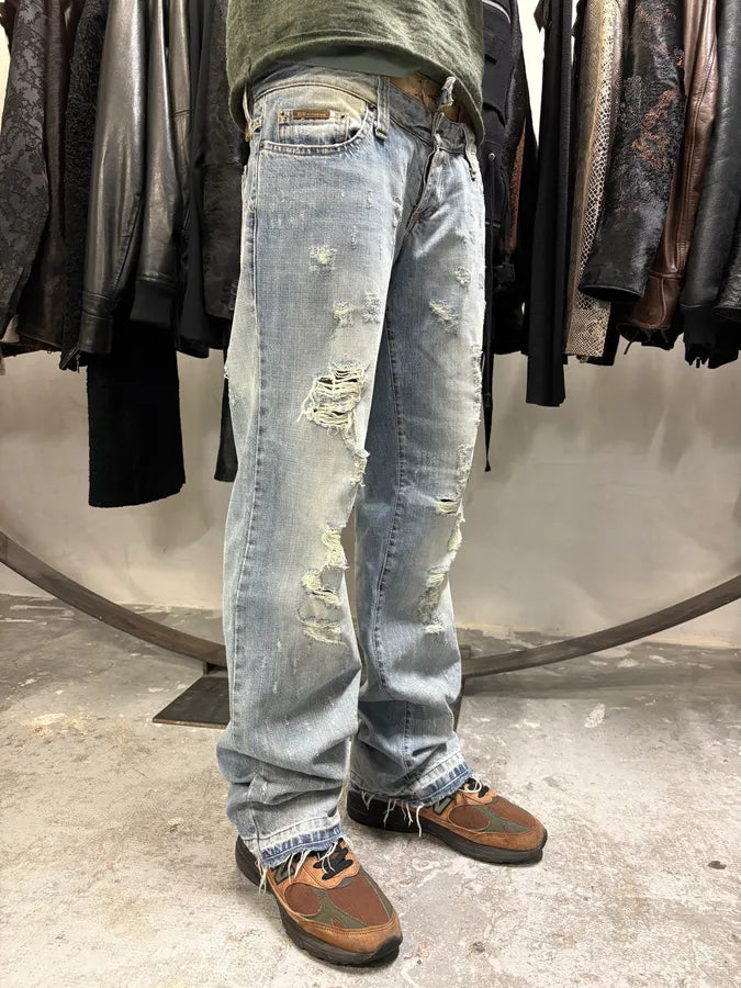 AW2003 Dolce & Gabbana Blue Distressed Double Waisted Denim Jeans (M/L) jTRblge 1