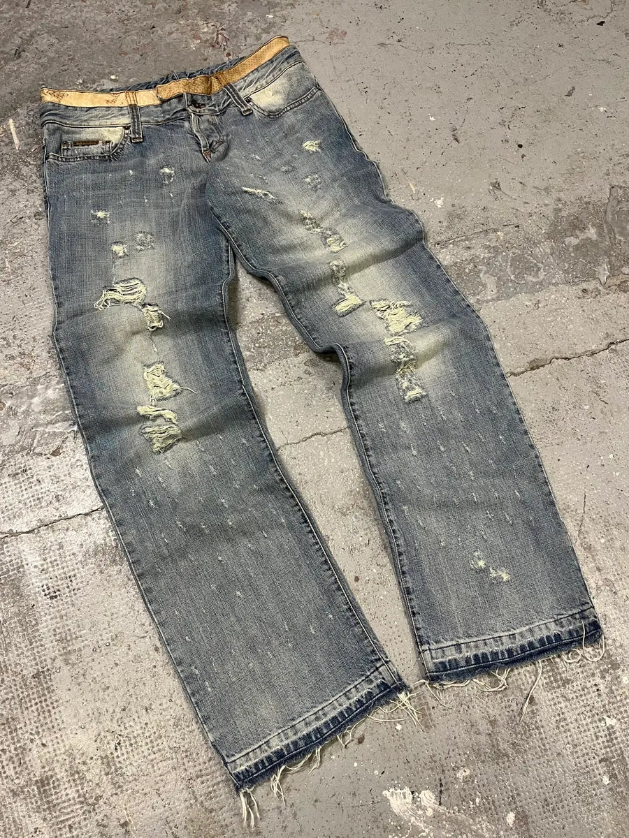 AW2003 Dolce & Gabbana Blue Distressed Double Waisted Denim Jeans (M/L) jTRblge 2