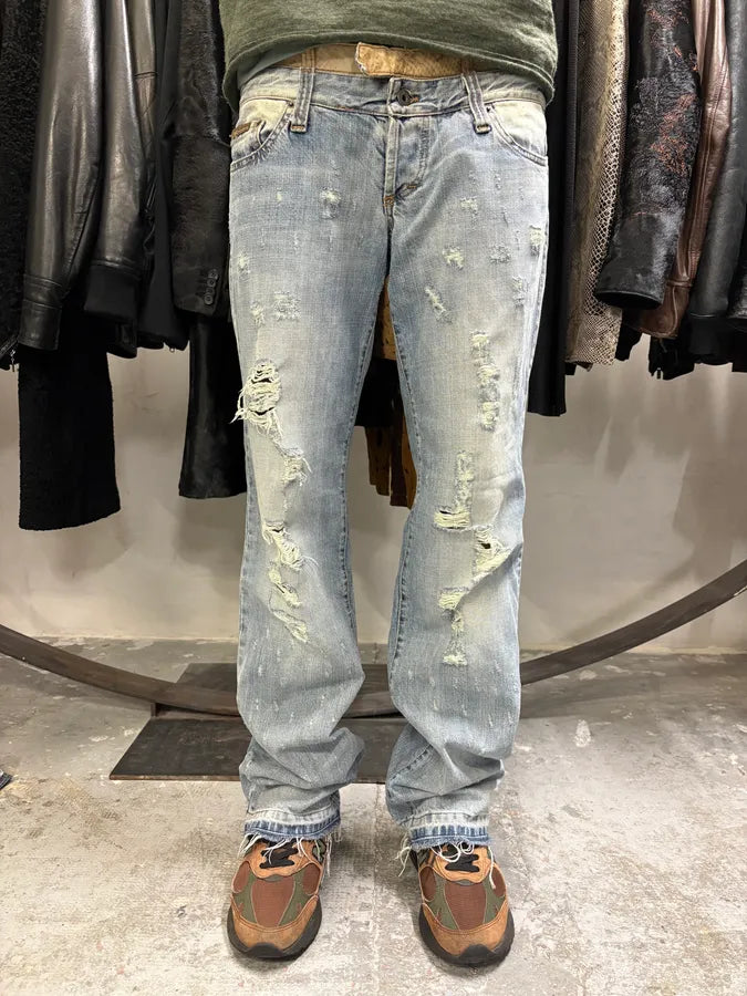 AW2003 Dolce & Gabbana Blue Distressed Double Waisted Denim Jeans (M/L) jTRblge 3