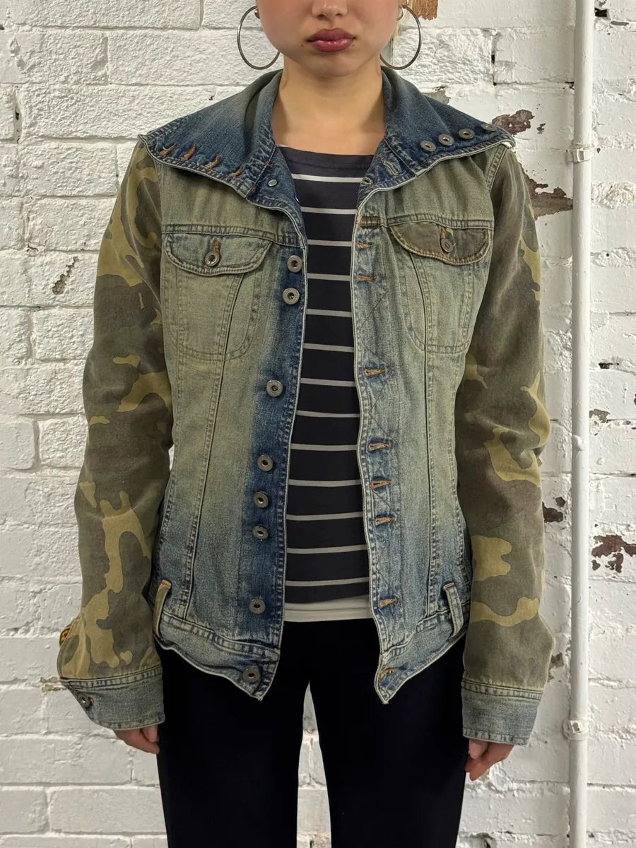 AW2003 Dolce & Gabbana Blue Faded Denim Camo Sleeves Jacket LFKFrPU 1