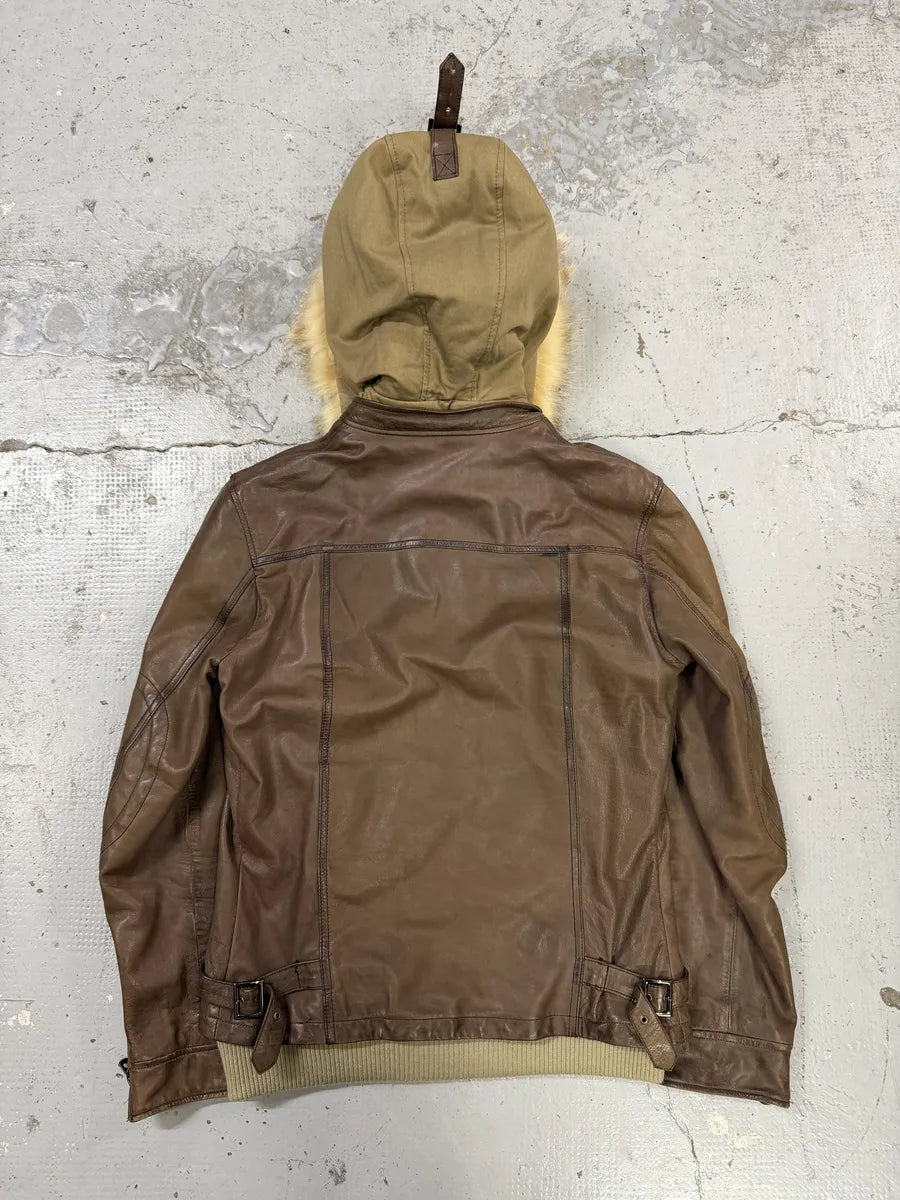 AW2003 Dolce & Gabbana Brown Fur Hooded Buffalo Leather Jacket mQqYCDv 1
