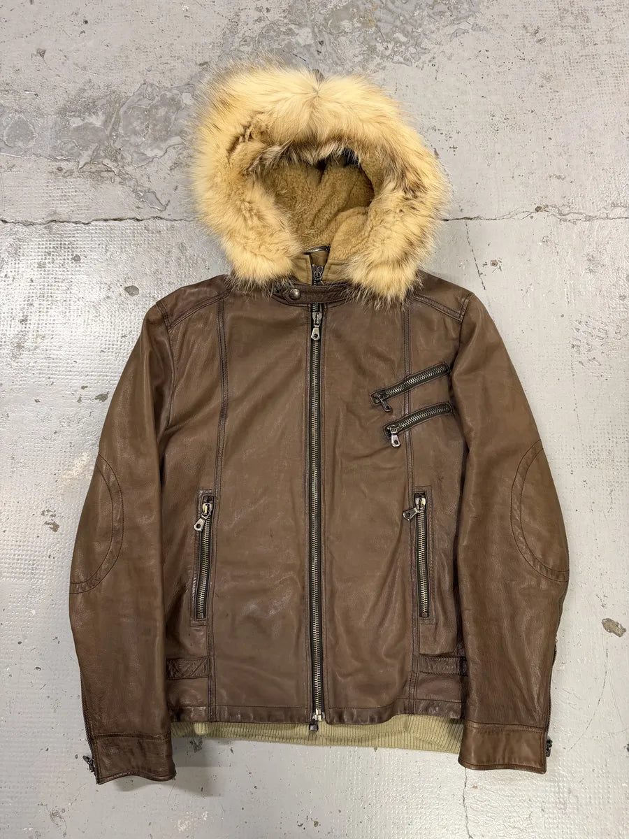 AW2003 Dolce & Gabbana Brown Fur Hooded Buffalo Leather Jacket mQqYCDv 10
