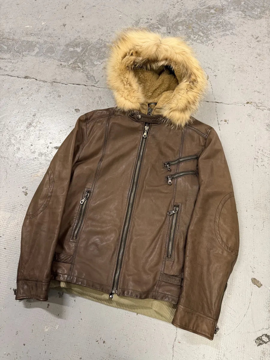 AW2003 Dolce & Gabbana Brown Fur Hooded Buffalo Leather Jacket mQqYCDv 11