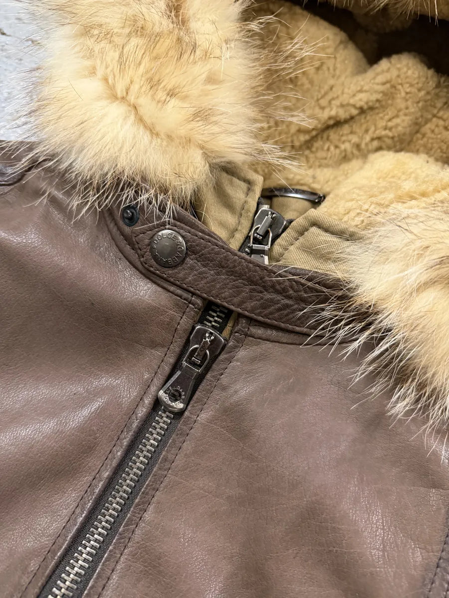 AW2003 Dolce & Gabbana Brown Fur Hooded Buffalo Leather Jacket mQqYCDv 12
