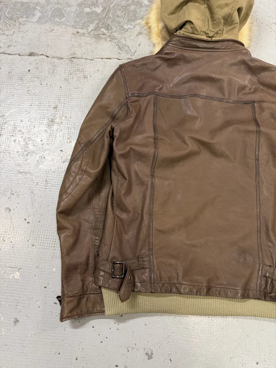 AW2003 Dolce & Gabbana Brown Fur Hooded Buffalo Leather Jacket mQqYCDv 13