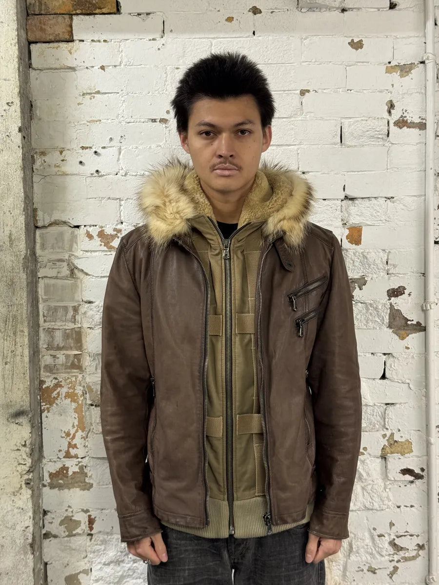 AW2003 Dolce & Gabbana Brown Fur Hooded Buffalo Leather Jacket mQqYCDv 2