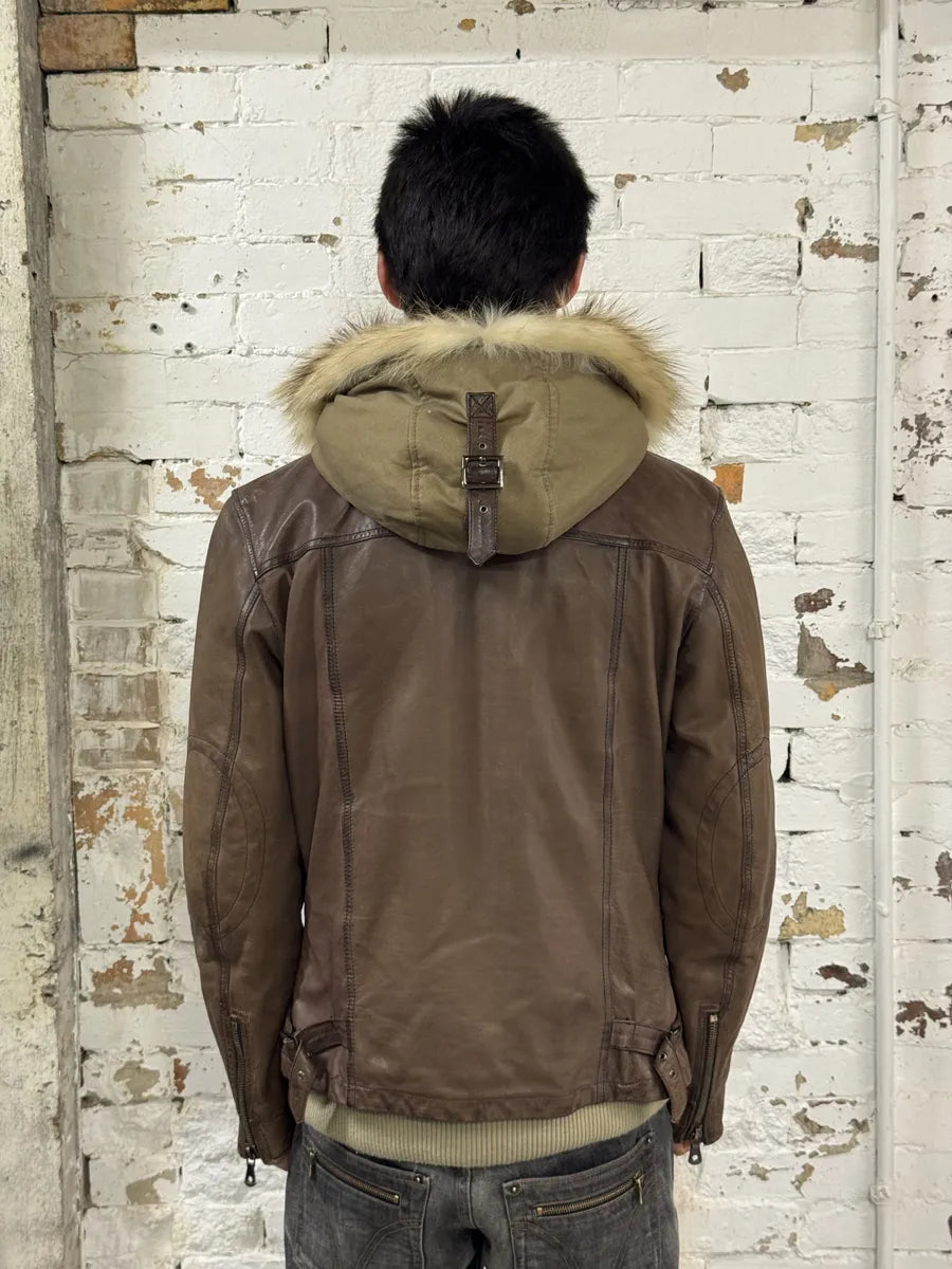 AW2003 Dolce & Gabbana Brown Fur Hooded Buffalo Leather Jacket mQqYCDv 3