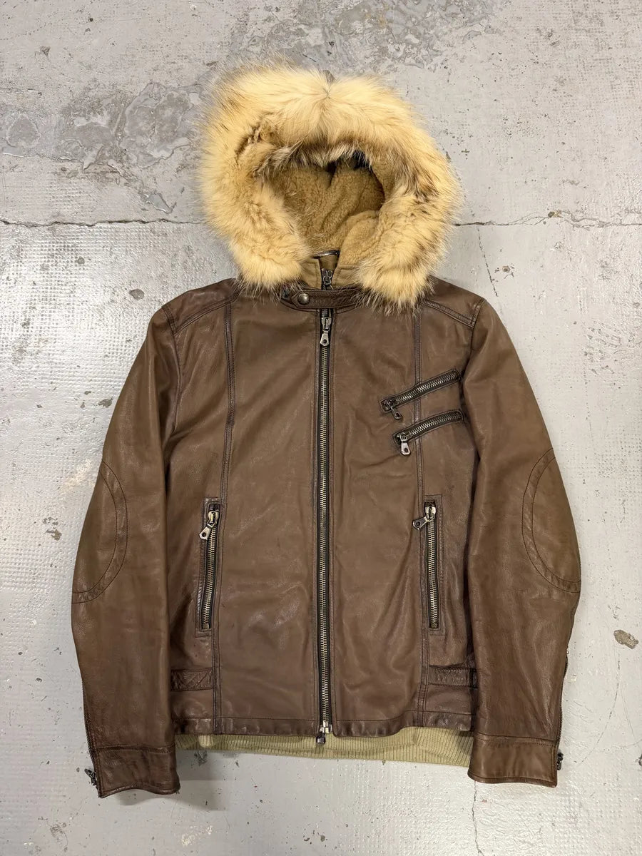 AW2003 Dolce & Gabbana Brown Fur Hooded Buffalo Leather Jacket mQqYCDv 4