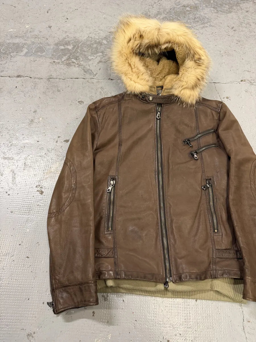 AW2003 Dolce & Gabbana Brown Fur Hooded Buffalo Leather Jacket mQqYCDv 5