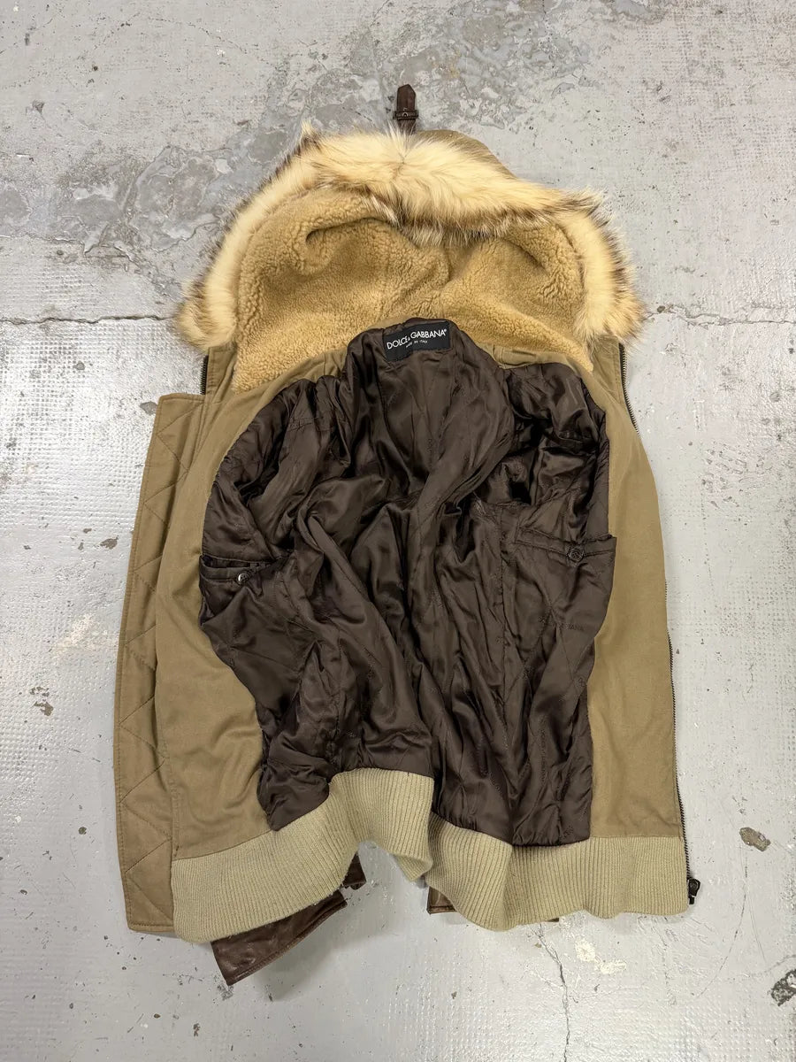 AW2003 Dolce & Gabbana Brown Fur Hooded Buffalo Leather Jacket mQqYCDv 7