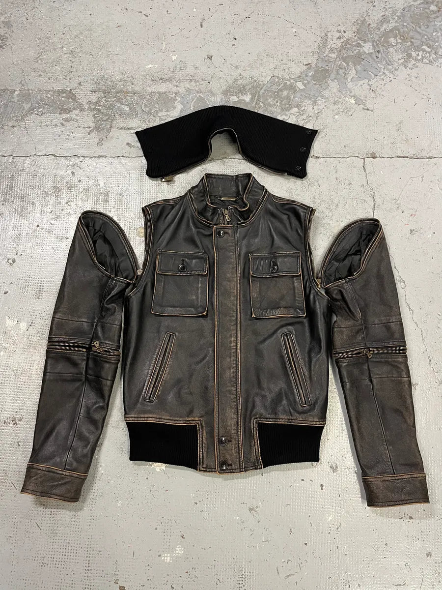 AW2003 Dolce & Gabbana Brown Horse Leather Zip Detachables Sleeves Jacket QKiOULJ 0