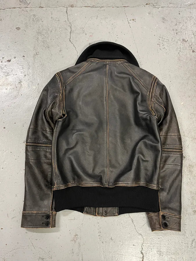 AW2003 Dolce & Gabbana Brown Horse Leather Zip Detachables Sleeves Jacket QKiOULJ 11
