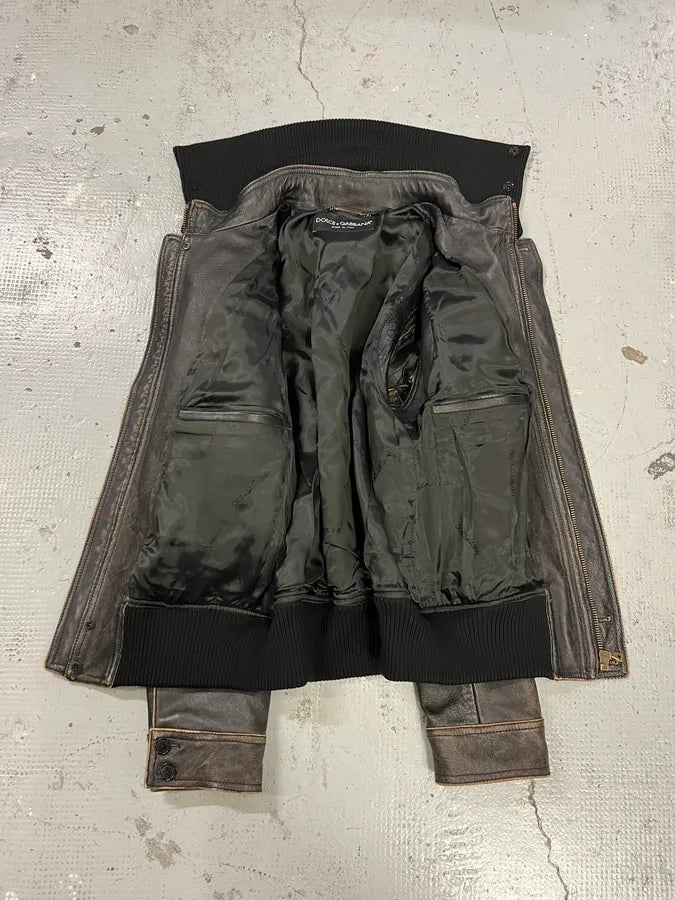 AW2003 Dolce & Gabbana Brown Horse Leather Zip Detachables Sleeves Jacket QKiOULJ 13