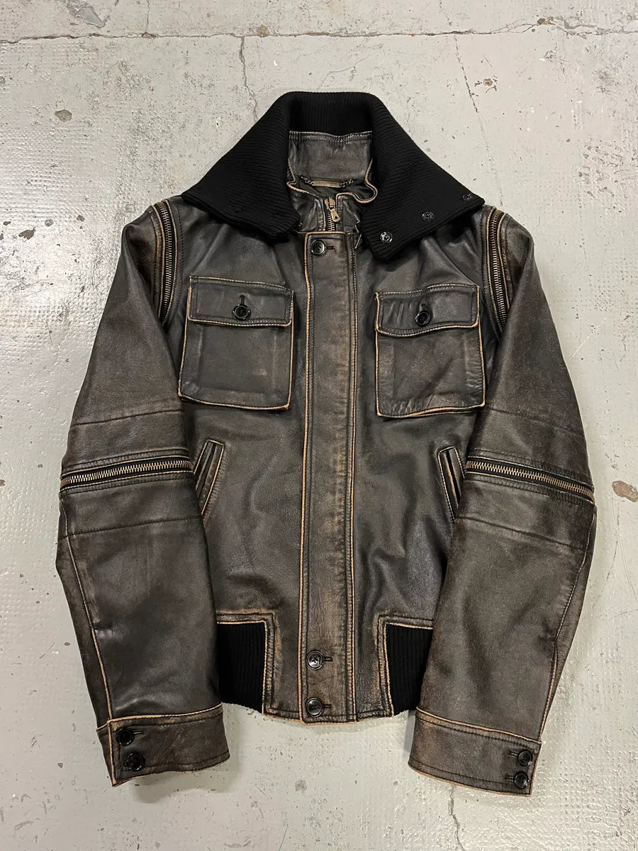 AW2003 Dolce & Gabbana Brown Horse Leather Zip Detachables Sleeves Jacket QKiOULJ 2