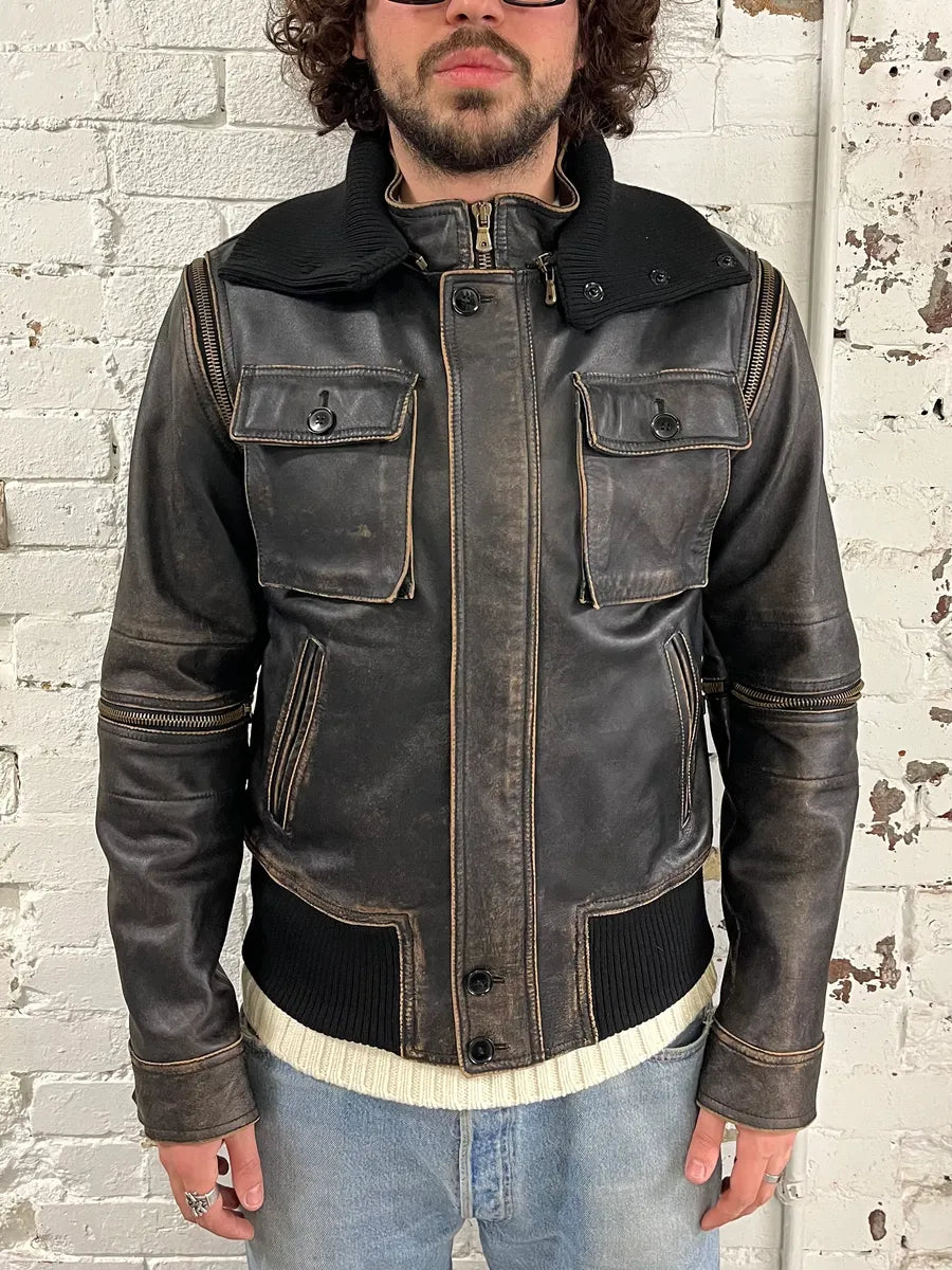 AW2003 Dolce & Gabbana Brown Horse Leather Zip Detachables Sleeves Jacket QKiOULJ 3