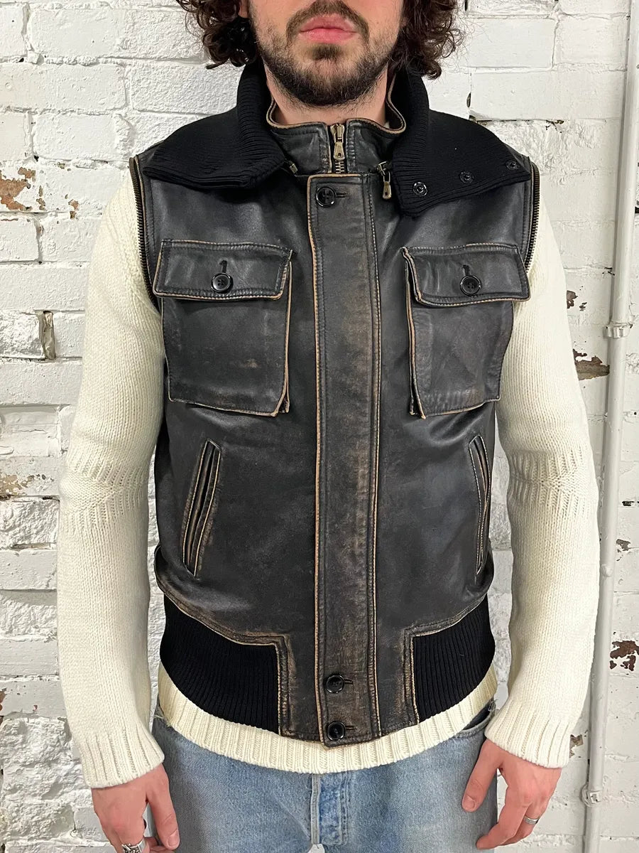 AW2003 Dolce & Gabbana Brown Horse Leather Zip Detachables Sleeves Jacket QKiOULJ 4