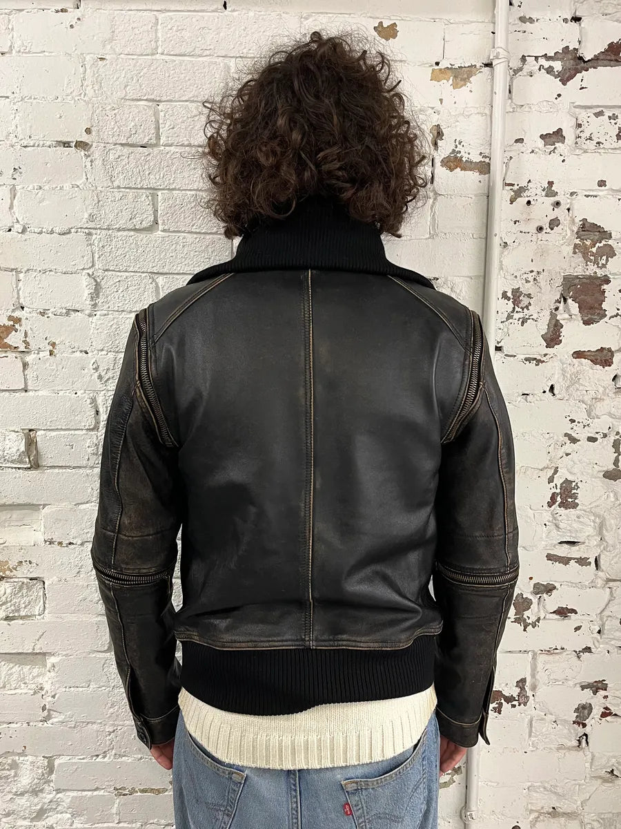 AW2003 Dolce & Gabbana Brown Horse Leather Zip Detachables Sleeves Jacket QKiOULJ 5