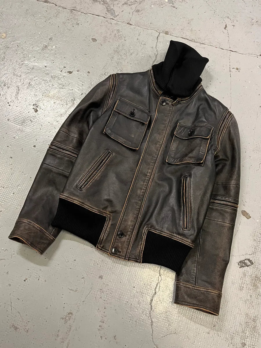 AW2003 Dolce & Gabbana Brown Horse Leather Zip Detachables Sleeves Jacket QKiOULJ 7
