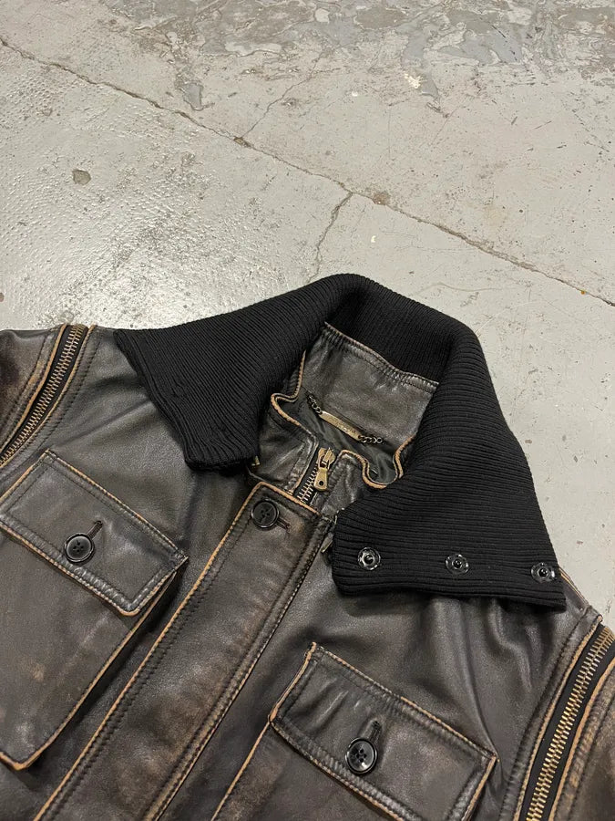 AW2003 Dolce & Gabbana Brown Horse Leather Zip Detachables Sleeves Jacket QKiOULJ 9