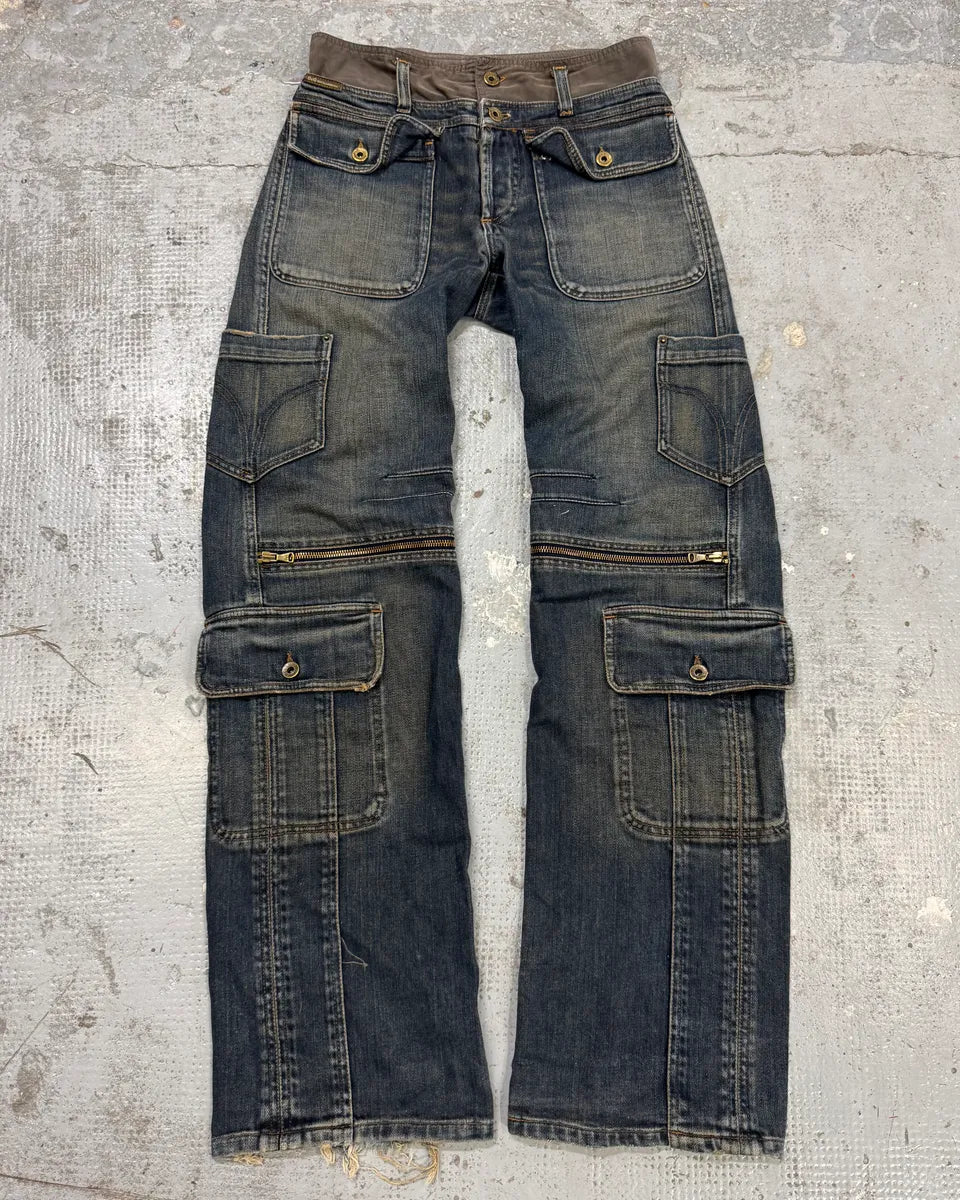 AW2003 Dolce & Gabbana Double Waisted Blue Cargo Denim Jeans fnRCjsB 0