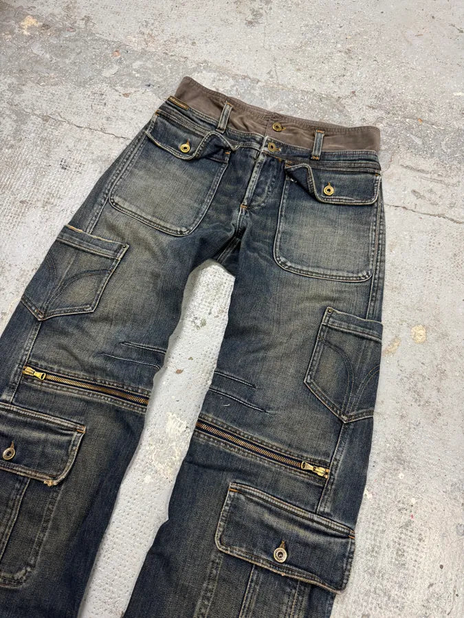 AW2003 Dolce & Gabbana Double Waisted Blue Cargo Denim Jeans fnRCjsB 1