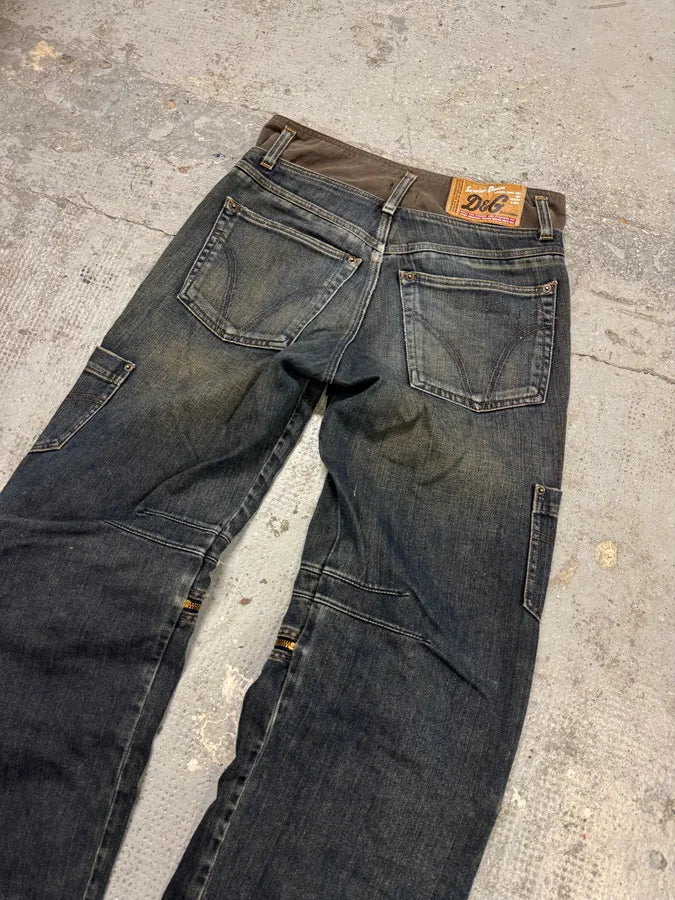 AW2003 Dolce & Gabbana Double Waisted Blue Cargo Denim Jeans fnRCjsB 2