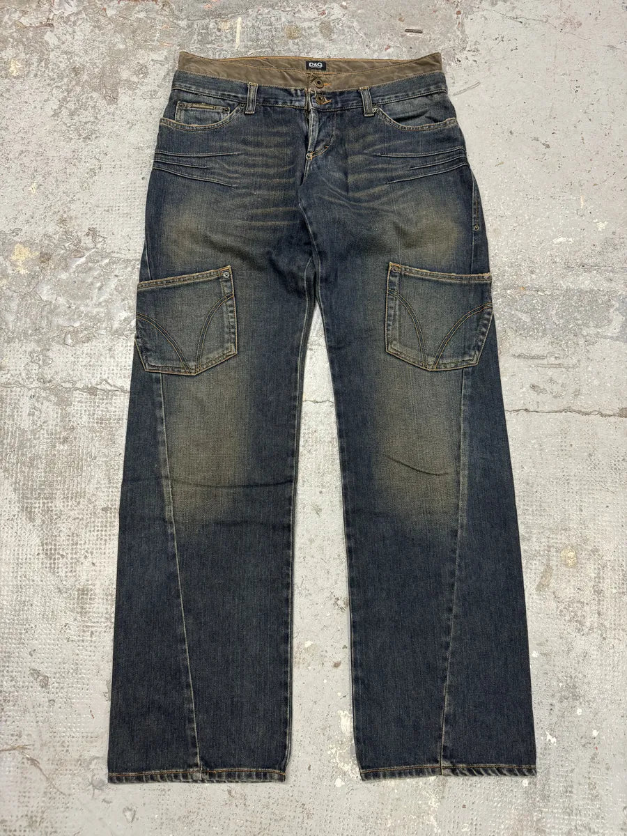 AW2003 Dolce & Gabbana Double Waisted Blue Denim Cargo Jeans zDDMVls 0