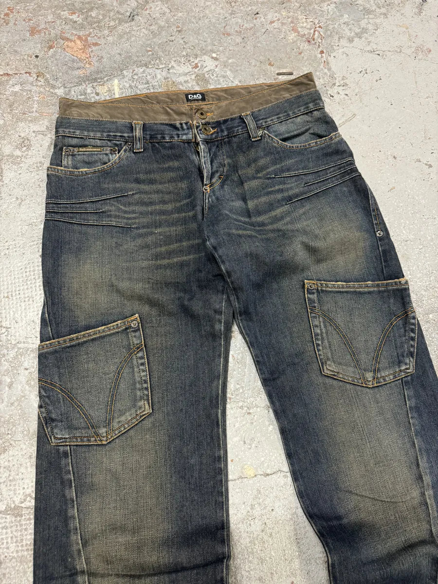 AW2003 Dolce & Gabbana Double Waisted Blue Denim Cargo Jeans zDDMVls 10