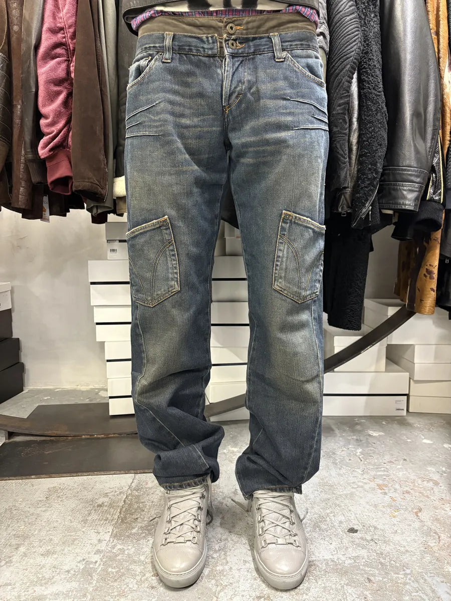 AW2003 Dolce & Gabbana Double Waisted Blue Denim Cargo Jeans zDDMVls 2